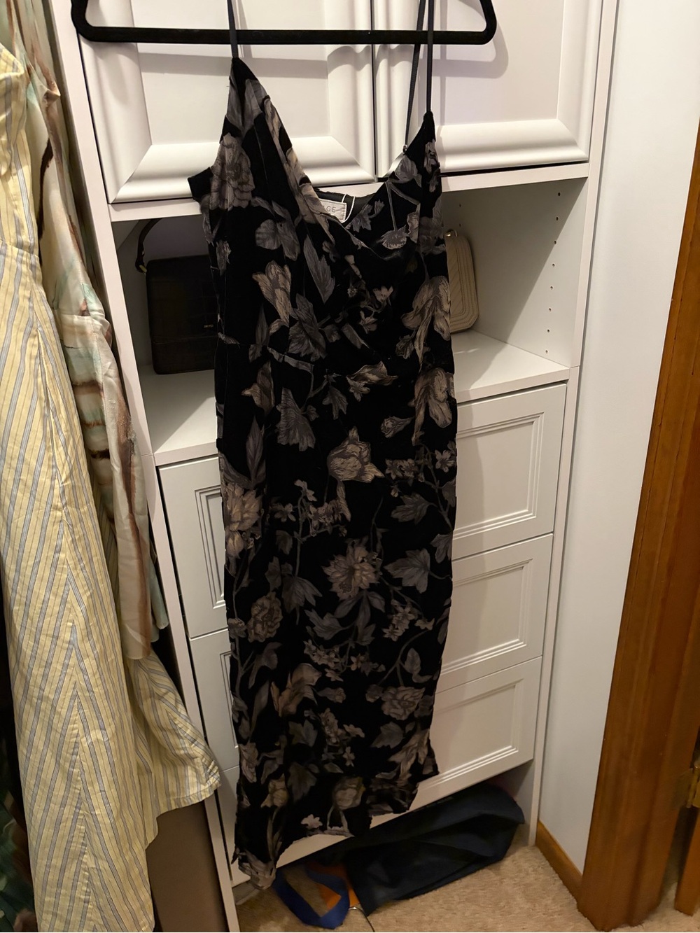 Sage Black Midi Slip Dress with Gray Floral Print